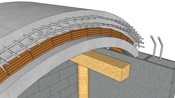 Následuje přebetonování celé klenby. Vrstva betonu musí být minimálně 150 – 200 mm (dle následného zatížení) s třídou betonu C25/30. Před betonáží je nutné klenbu ve vrcholu podepřít.